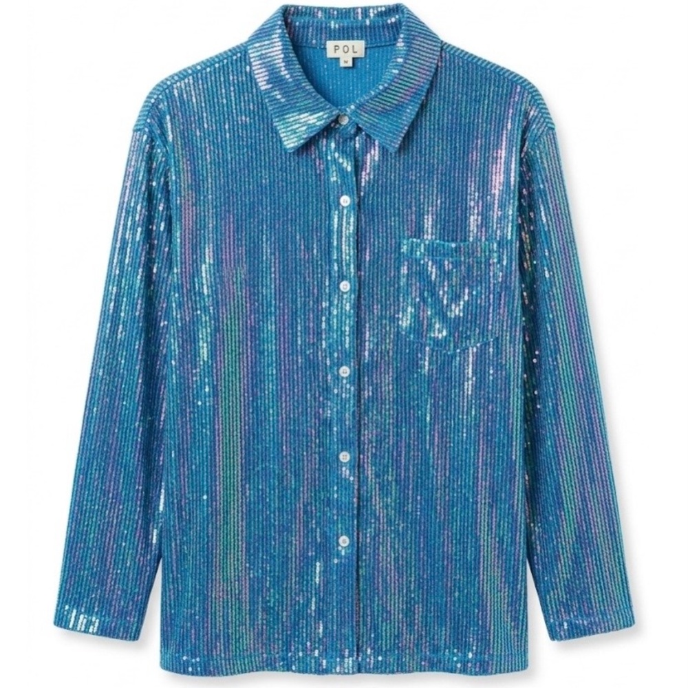 NWT POL Blue Iridescent Sequin Button Down Oversized Shirt - Size M